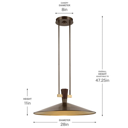 Kichler Tenon 28in 1-Light LED Pendant | Industrial Lacquered Bronze and Walnut | Kitchen Island & Dining Room | 11in H | Model 52833LBZLED