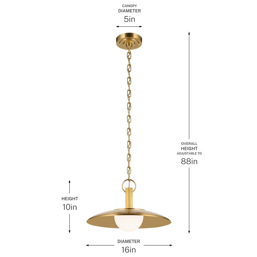Kichler Kurio 16in 1-Light Pendant | Modern Lacquered Brass and Etched Opal Glass | Dining Room & Kitchen Island | 16 x 16 x 10 in | Model 52834LBR
