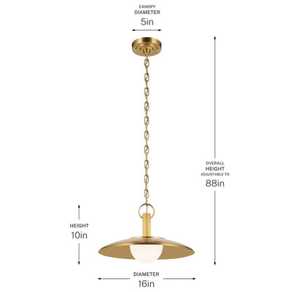 Kichler Kurio 16in 1-Light Pendant | Modern Lacquered Brass and Etched Opal Glass | Dining Room & Kitchen Island | 16 x 16 x 10 in | Model 52834LBR