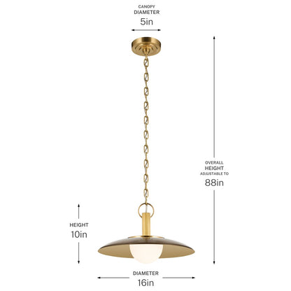 Kichler Kurio 16in 1-Light Pendant | Modern Lacquered Brass and Etched Opal Glass | Kitchen Island & Dining Room | 10in H | Model 52834LBZ
