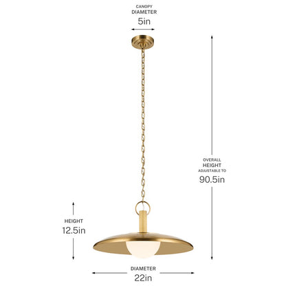 Kichler Kurio 22in 1-Light Pendant | Modern Lacquered Brass Brass and Etched Opal Glass | Kitchen Island & Dining Room | 12.5 in H | Model 52835LBR