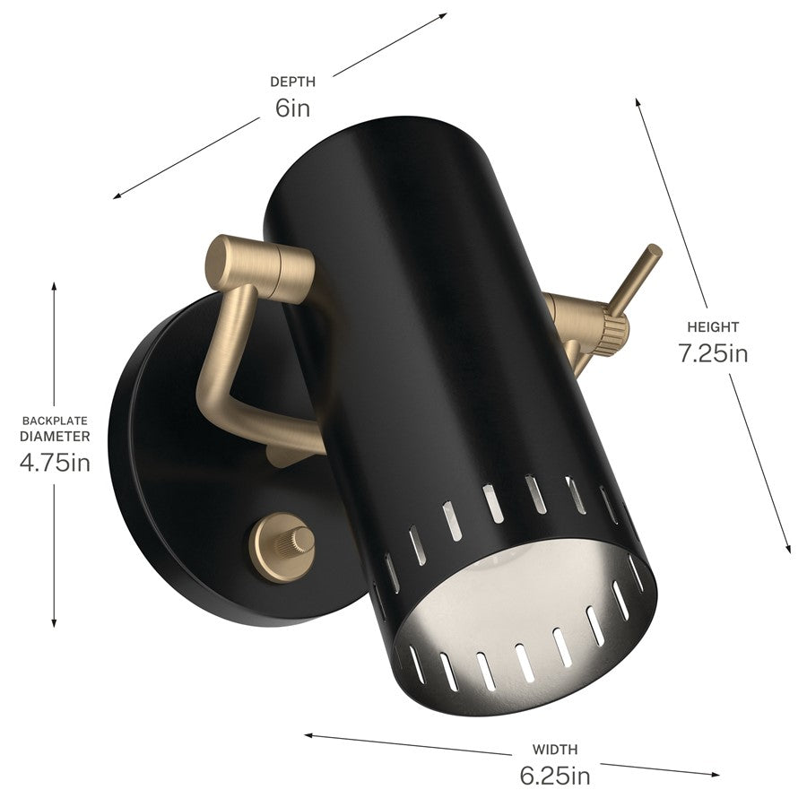 Kichler Ruehl 7.25in 1-Light Wall Sconce | Modern Black Steel with Champagne Bronze Accents | Bedroom & Hallway Accent | Model 52840BK