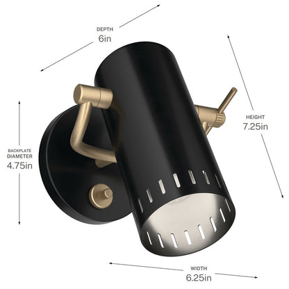 Kichler Ruehl 7.25in 1-Light Wall Sconce | Modern Black Steel with Champagne Bronze Accents | Bedroom & Hallway Accent | Model 52840BK