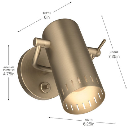 Kichler Ruehl 7.25in 1-Light Wall Sconce | Modern Champagne Bronze Steel Cylinder | Bedroom & Hallway Accent | 6.25 x 7.25 in | Model 52840CPZ