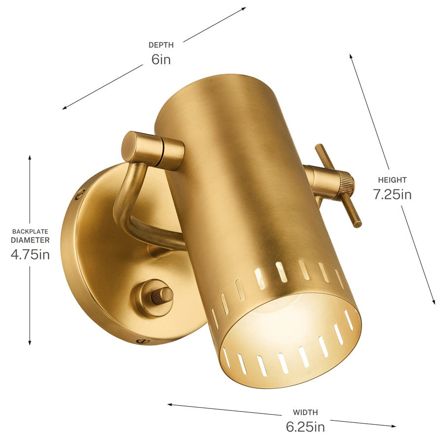 Kichler Ruehl 7.25in 1-Light Wall Sconce | Modern Lacquered Brass Brass | Bedroom & Hallway Accent | 6.25 x 7.25 x 6 in | Model 52840LBR