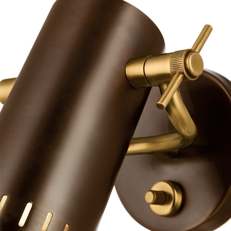 Kichler Ruehl 7in 1-Light Wall Sconce | Modern Lacquered Bronze Brass Cylinder | Bedroom & Hallway Accent | 6in Ext | Model 52840LBZ