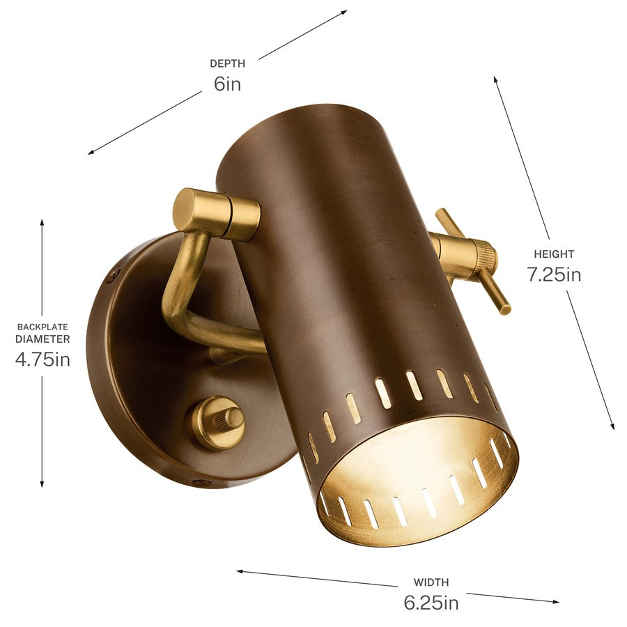 Kichler Ruehl 7in 1-Light Wall Sconce | Modern Lacquered Bronze Brass Cylinder | Bedroom & Hallway Accent | 6in Ext | Model 52840LBZ