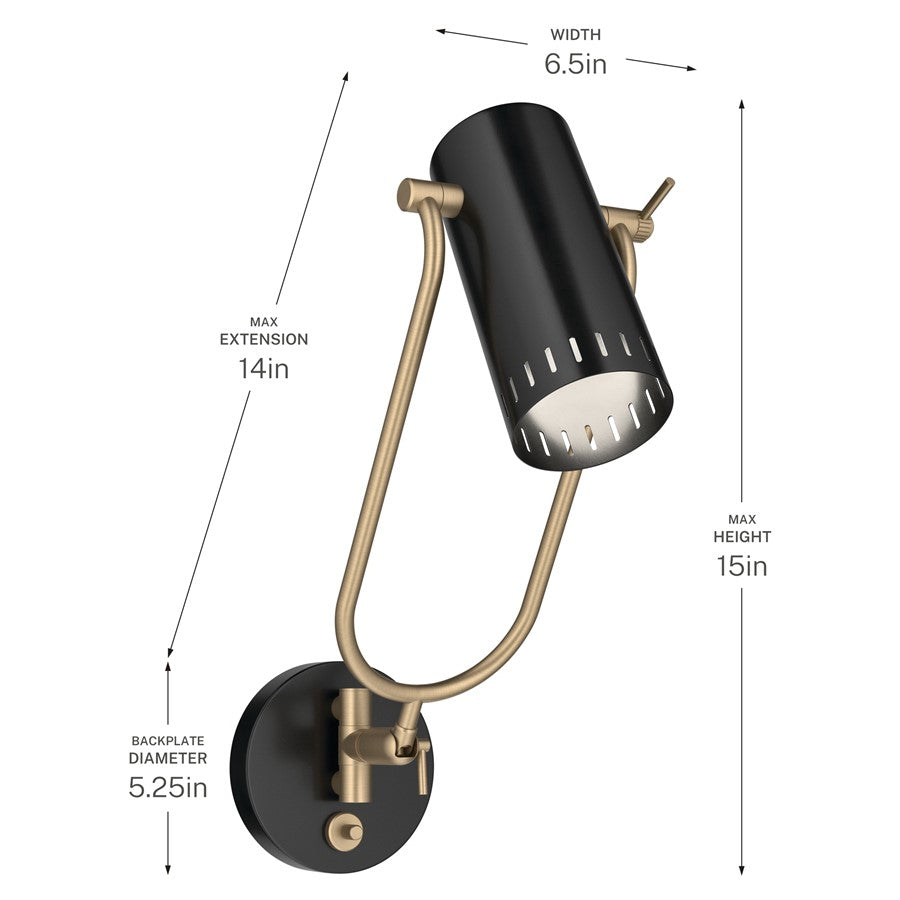 Kichler Ruehl 15in 1-Light Swing Arm Wall Sconce | Modern Black Steel | Bedroom & Living Room Reading Light | 15 x 6 x 14 in | Model 52841BK