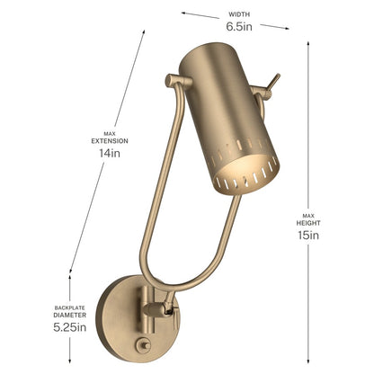 Kichler Ruehl 15in 1-Light Swing Arm Wall Sconce | Modern Champagne Bronze Steel | Bedroom & Living Room Reading Light | Model 52841CPZ