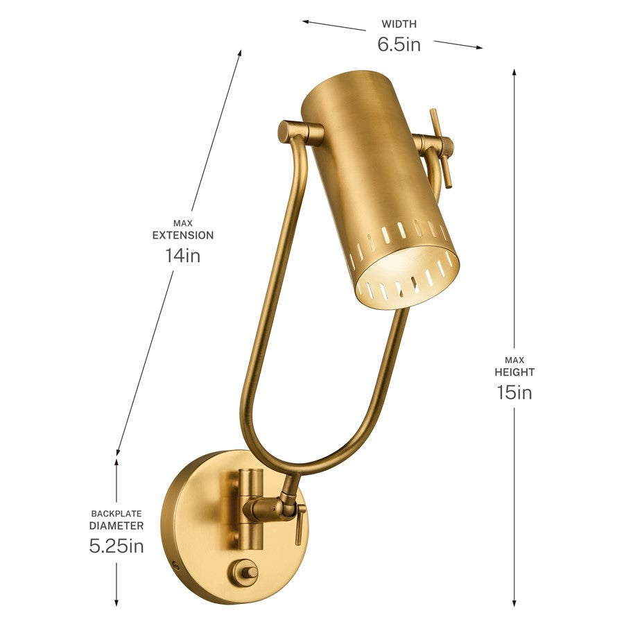 Kichler Ruehl 15in 1-Light Swing Arm Wall Sconce | Modern Lacquered Brass | Bedroom & Living Room | 6.5 W x 15 H | Model 52841LBR