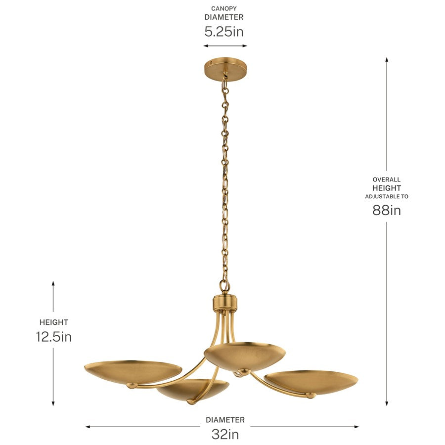 Kichler Palmela 32in 4-Light XL Convertible Chandelier | Modern Lacquered Brass and Metal Shade | Dining Room & Living Room | Model 52854LBR