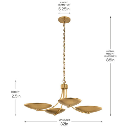 Kichler Palmela 32in 4-Light XL Convertible Chandelier | Modern Lacquered Brass and Metal Shade | Dining Room & Living Room | Model 52854LBR