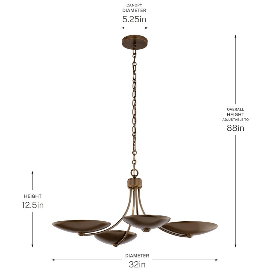 Kichler Palmela 32in 4-Light XL Convertible Chandelier | Modern Lacquered Brass and Metal Shade | Living Room & Dining Room | Model 52854LBRLBZ