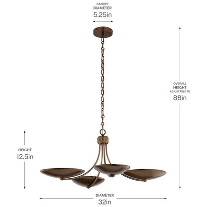 Kichler Palmela 32in 4-Light XL Convertible Chandelier | Modern Lacquered Brass and Metal Shade | Living Room & Dining Room | Model 52854LBRLBZ