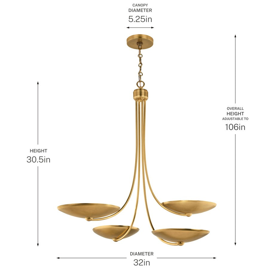 Kichler Palmela 32in 4-Light Chandelier | Modern Lacquered Brass and Metal Shade | Dining Room & Living Room | 30.5 in H | Model 52855LBR
