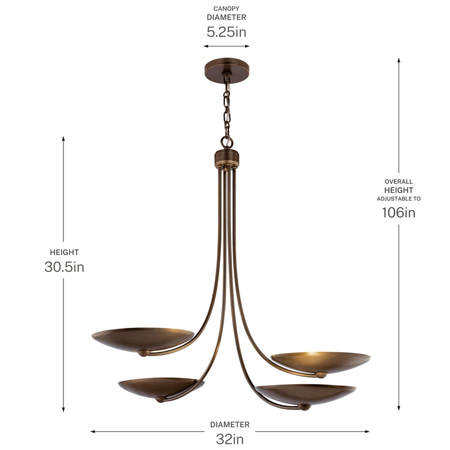 Kichler Palmela 32in 4-Light Chandelier | Modern Lacquered Brass and Bronze | Dining Room & Living Room | H 30 in | Model 52855LBRLBZ