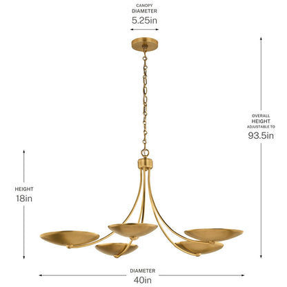 Kichler Palmela 40in 5-Light Chandelier | Modern Lacquered Brass Metal | Dining Room & Living Room | 40 x 40 x 18 in | Model 52856LBR