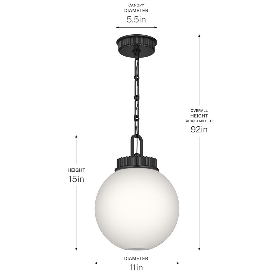 Kichler Andorra 11in 1-Light Pendant | Traditional Black Steel and Opal Glass Globe | Kitchen & Dining Room | 15 in H | Model 52866BK