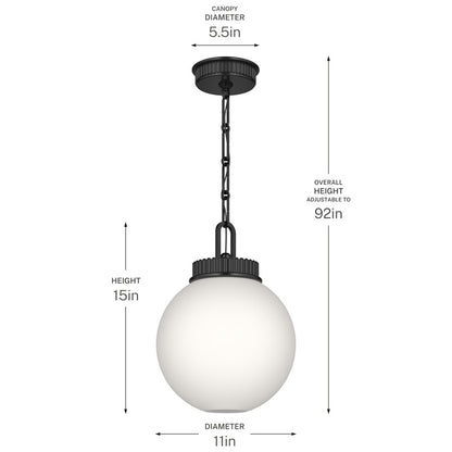Kichler Andorra 11in 1-Light Pendant | Traditional Black Steel and Opal Glass Globe | Kitchen & Dining Room | 15 in H | Model 52866BK