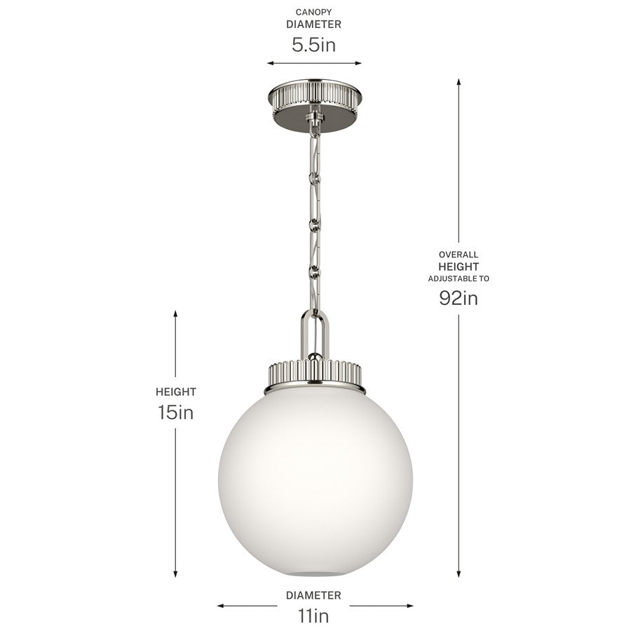 Kichler Andorra 11in 1-Light Pendant | Traditional Polished Nickel and Opal Glass | Kitchen Island & Dining Room | 15 in H | Model 52866PN