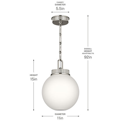 Kichler Andorra 11in 1-Light Pendant | Traditional Polished Nickel and Opal Glass | Kitchen Island & Dining Room | 15 in H | Model 52866PN