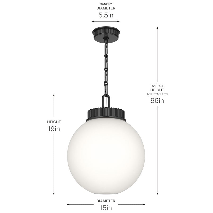Kichler Andorra 15in 1-Light Pendant | Traditional Black and Satin Etched Opal Glass | Kitchen Island & Dining Room | 19in H | Model 52867BK