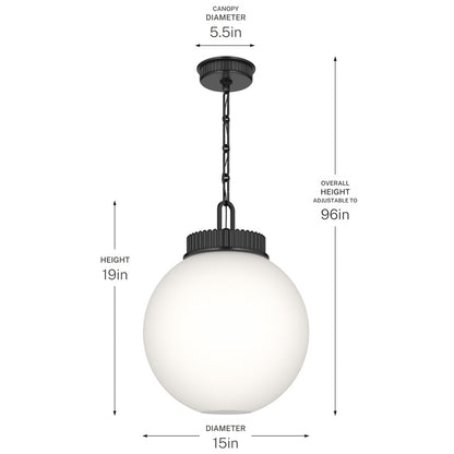 Kichler Andorra 15in 1-Light Pendant | Traditional Black and Satin Etched Opal Glass | Kitchen Island & Dining Room | 19in H | Model 52867BK