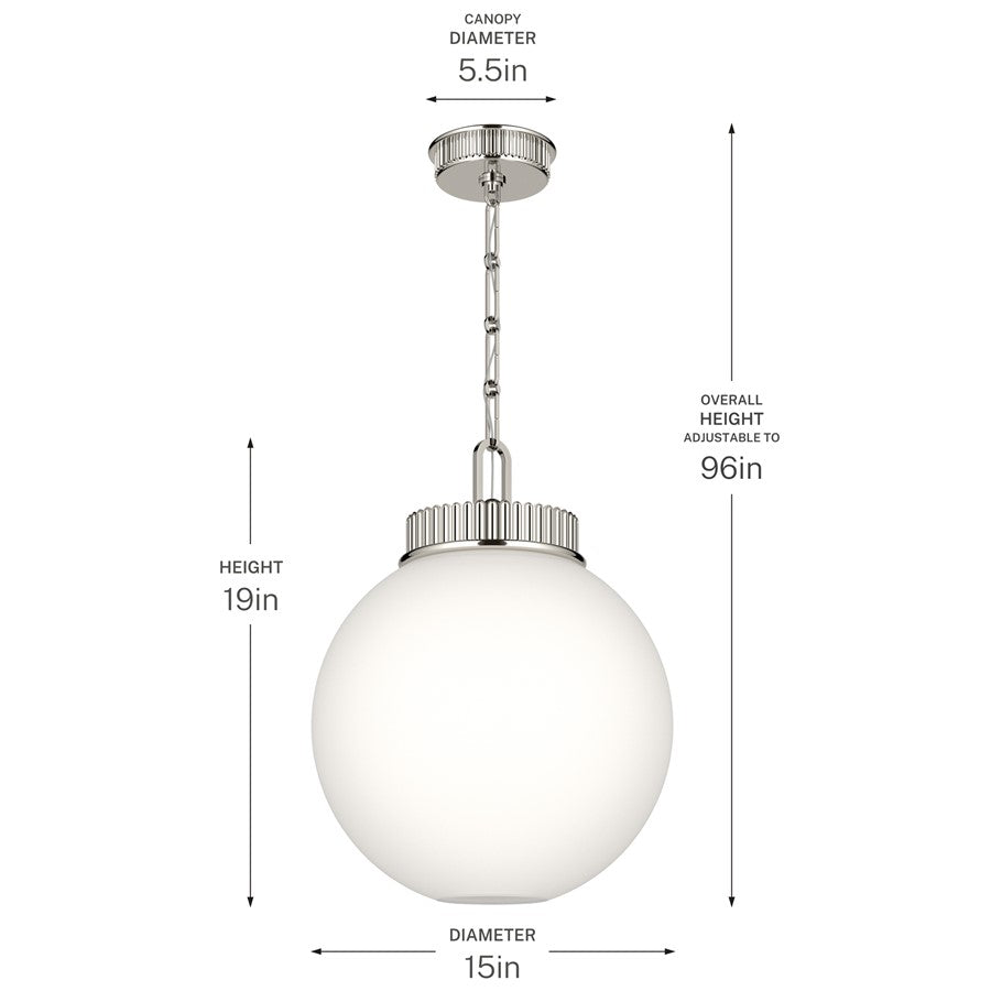 Kichler Andorra 15in 1-Light Pendant | Traditional Polished Nickel and Satin Etched Opal Glass | Kitchen Island & Dining Room | 19in H | Model 52867PN