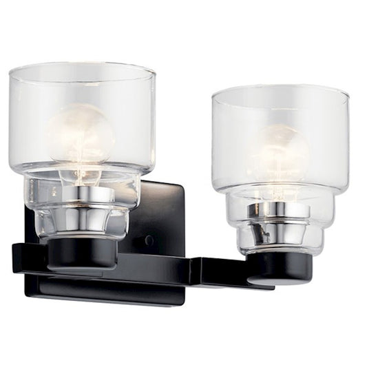 Kichler Vionnet 14.5in 2-Light Vanity Light | Contemporary Black Steel and Clear Glass | Bathroom Vanity Light | 14.5 x 7.5 x 6.75 in | Model 55011BK