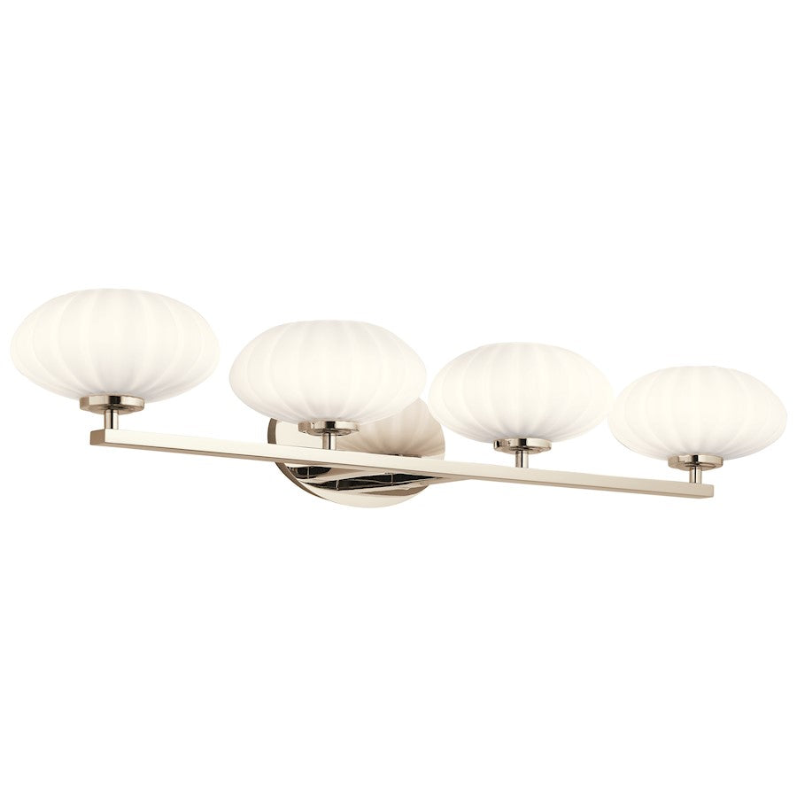 Kichler Pim 34in 4-Light Vanity Light | Mid-Century Modern Polished Nickel and Satin Etched Opal Glass | Bathroom Vanity | 34 x 6 x 8.5 in | Model 55026PN