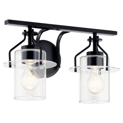 Kichler Everett 16in 2-Light Vanity Light | Industrial Black & Clear Glass | Bathroom Vanity Light | 75W Each, Incandescent, Damp Rated | Model 55078BK