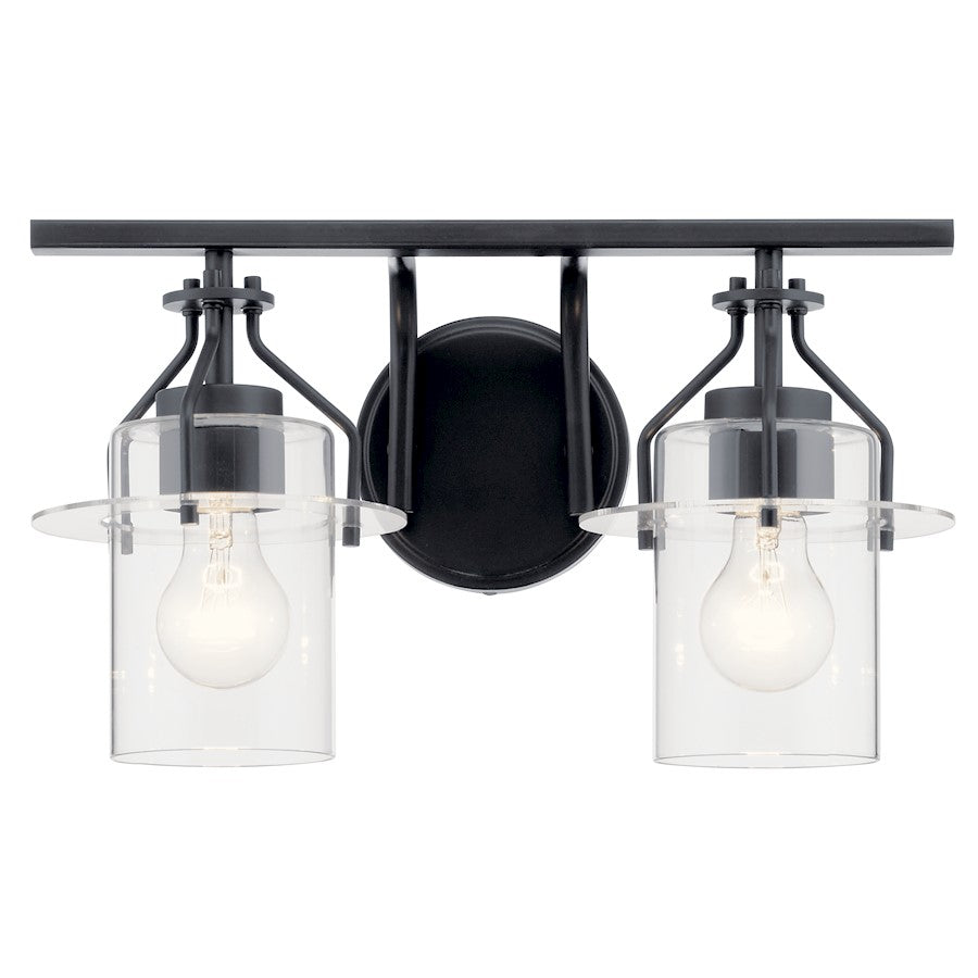 Kichler Everett 16in 2-Light Vanity Light | Industrial Black & Clear Glass | Bathroom Vanity Light | 75W Each, Incandescent, Damp Rated | Model 55078BK