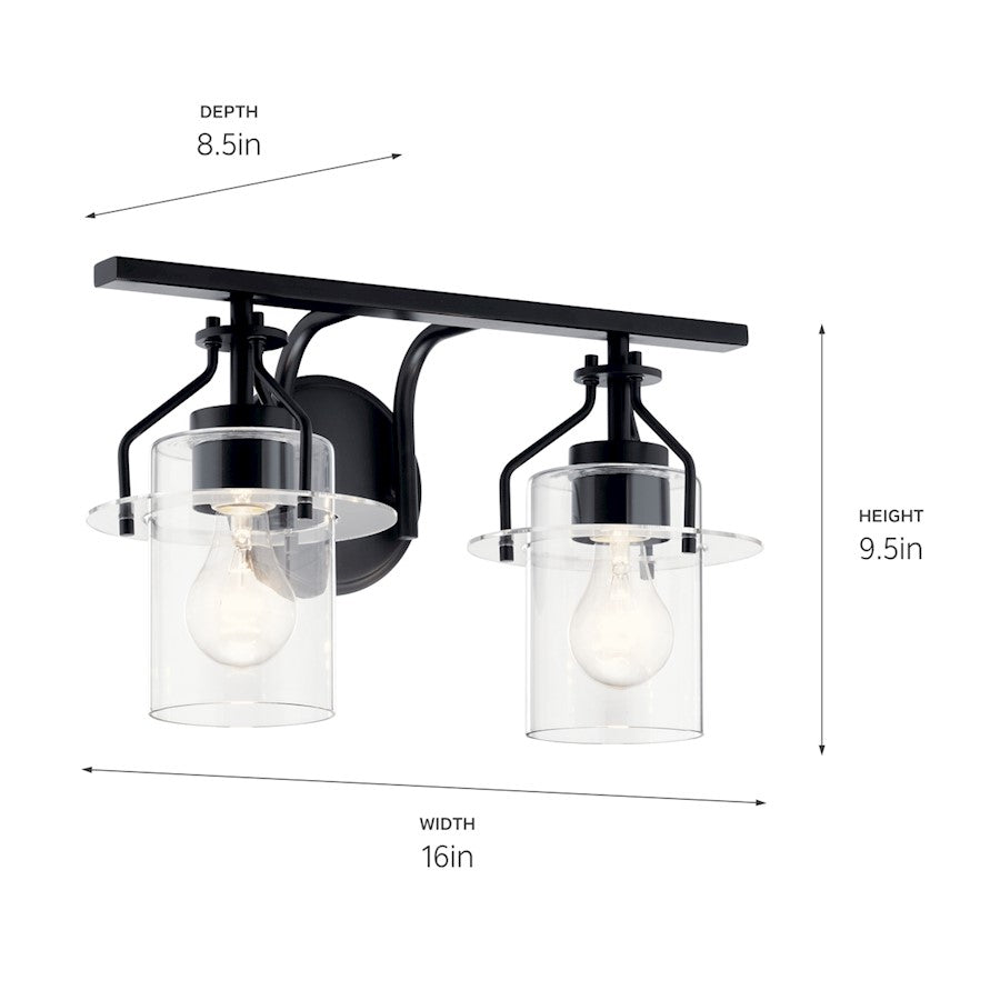 Kichler Everett 16in 2-Light Vanity Light | Industrial Black & Clear Glass | Bathroom Vanity Light | 75W Each, Incandescent, Damp Rated | Model 55078BK