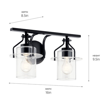 Kichler Everett 16in 2-Light Vanity Light | Industrial Black & Clear Glass | Bathroom Vanity Light | 75W Each, Incandescent, Damp Rated | Model 55078BK