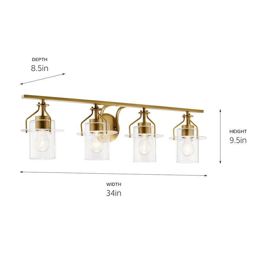 Kichler Everett 34in 4-Light Vanity Light | Brushed Brass Steel with Clear Glass | Bathroom Vanity & Powder Room Light | 4x75W A19 | Model 55080NBR