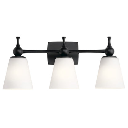 Kichler Cosabella 24in 3-Light Vanity Light | Soft Contemporary Black Steel and Etched White Glass | Bathroom Vanity | 24 x 6.5 x 10.25 in | Model 55092BK