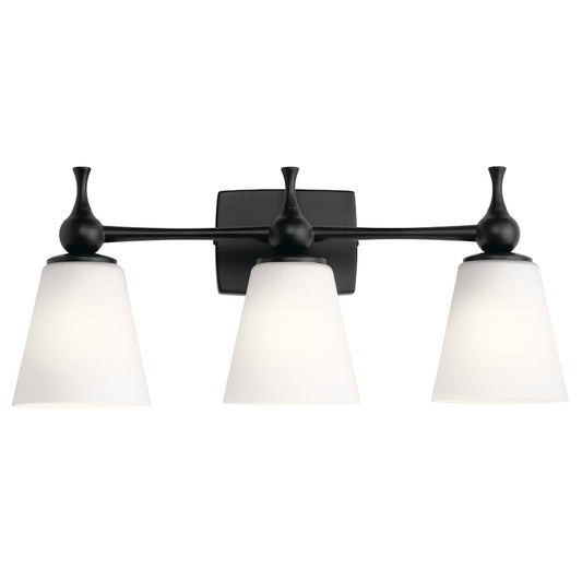 Kichler Cosabella 24in 3-Light Vanity Light | Soft Contemporary Black Steel and Etched White Glass | Bathroom Vanity | 24 x 6.5 x 10.25 in | Model 55092BK