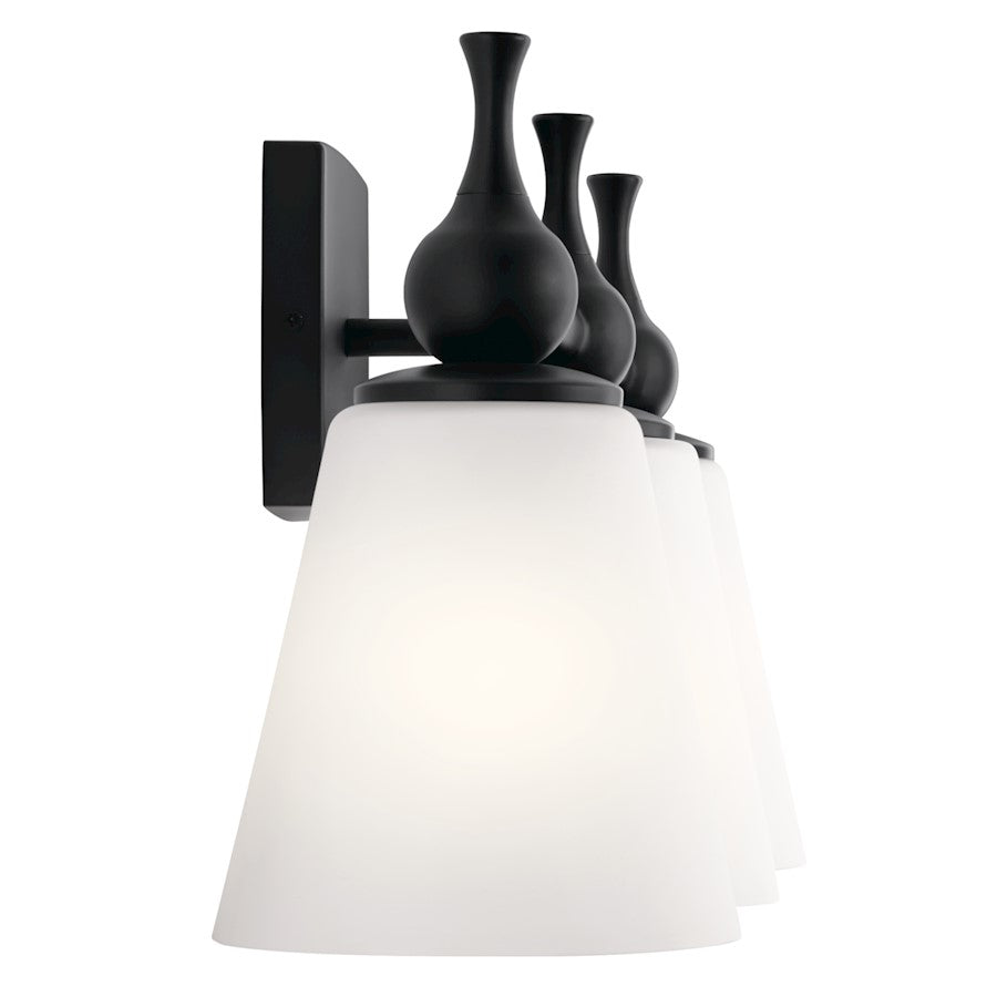 Kichler Cosabella 24in 3-Light Vanity Light | Soft Contemporary Black Steel and Etched White Glass | Bathroom Vanity | 24 x 6.5 x 10.25 in | Model 55092BK
