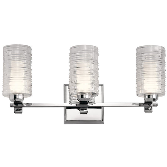 Kichler Giarosa 22.25in 3-Light Vanity Light | Chrome Steel & Clear Spun Ribbed Glass | Bathroom Vanity Light | 3x 50W G9 Bulbs, 120V, Damp | Model 55097CH
