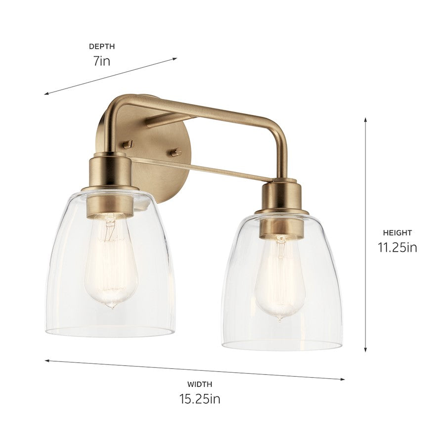 Kichler Meller 15in 2-Light Vanity Light | Industrial Champagne Bronze & Clear Glass | Bathroom & Powder Room Vanity Light | 2x 60W A19 | Model 55101CPZ