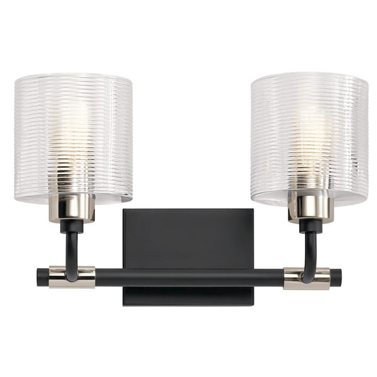 Kichler Harvan 15in 2-Light Vanity Light | Industrial Black Steel and Clear Ribbed Glass | Bathroom Vanity Light | 15 x 9.55 x 6.5 in | Model 55106BK