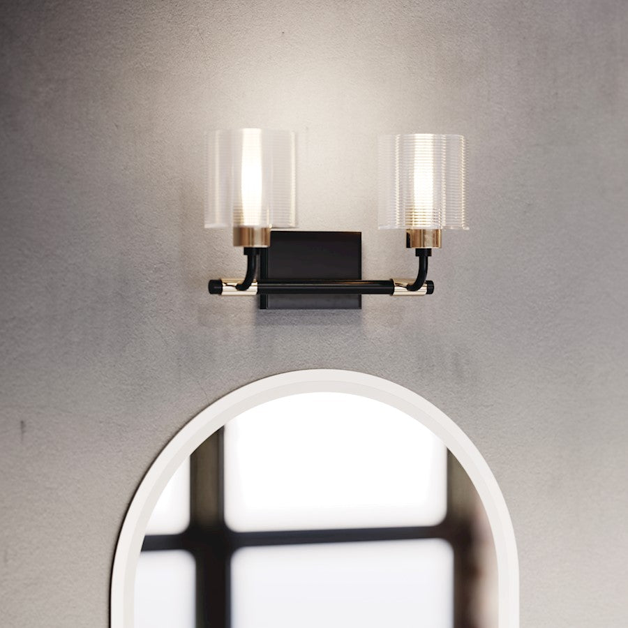 Kichler Harvan 15in 2-Light Vanity Light | Industrial Black Steel and Clear Ribbed Glass | Bathroom Vanity Light | 15 x 9.55 x 6.5 in | Model 55106BK