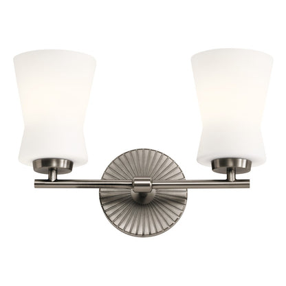 Kichler Brianne 14.5in 2-Light Vanity Light | Art Deco Classic Pewter Steel with Satin Etched Opal Glass | Bathroom & Powder Room Light | Model 55116CLP