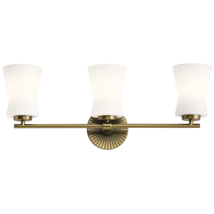 Kichler Brianne 24.5in 3-Light Vanity Light | Art Deco Brushed Natural Brass Steel and White Glass | Bathroom Vanity | 24.5 x 9.5 x 5.75 | Model 55117BNB