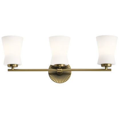 Kichler Brianne 24.5in 3-Light Vanity Light | Art Deco Brushed Natural Brass Steel and White Glass | Bathroom Vanity | 24.5 x 9.5 x 5.75 | Model 55117BNB