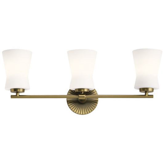 Kichler Brianne 24.5in 3-Light Vanity Light | Art Deco Brushed Natural Brass Steel and White Glass | Bathroom Vanity | 24.5 x 9.5 x 5.75 | Model 55117BNB