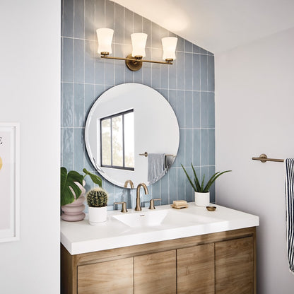 Kichler Brianne 24.5in 3-Light Vanity Light | Art Deco Brushed Natural Brass Steel and White Glass | Bathroom Vanity | 24.5 x 9.5 x 5.75 | Model 55117BNB