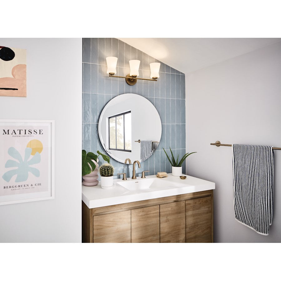 Kichler Brianne 24.5in 3-Light Vanity Light | Art Deco Brushed Natural Brass Steel and White Glass | Bathroom Vanity | 24.5 x 9.5 x 5.75 | Model 55117BNB