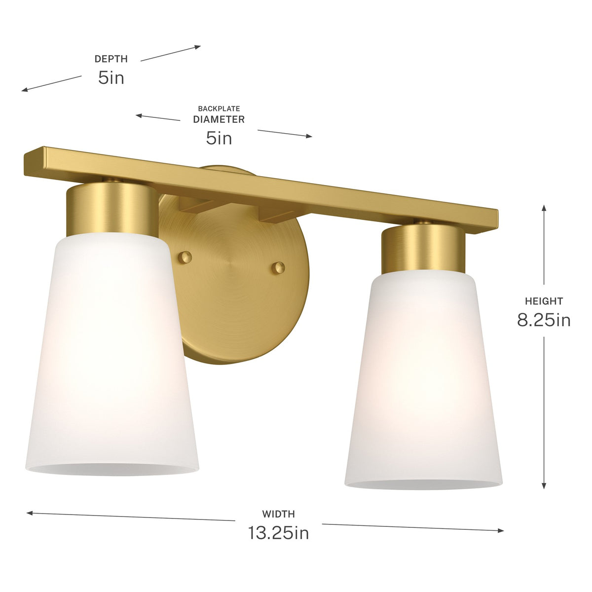 Kichler Stamos 13.25in 2-Light Vanity Light | Modern Brushed Gold Steel and Clear Satin Etched Glass | Bathroom Vanity | 13.25 x 8.25 in | Model 55120BG