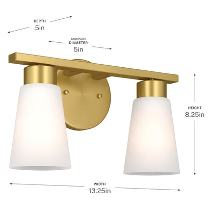 Kichler Stamos 13.25in 2-Light Vanity Light | Modern Brushed Gold Steel and Clear Satin Etched Glass | Bathroom Vanity | 13.25 x 8.25 in | Model 55120BG